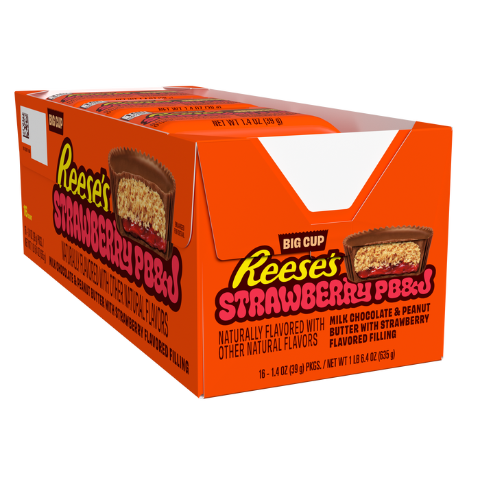 REESE'S Big Cup PB&J Tazas de mantequilla de cacahuete de chocolate con leche y fresa, 1.4 oz (paquete de 16)