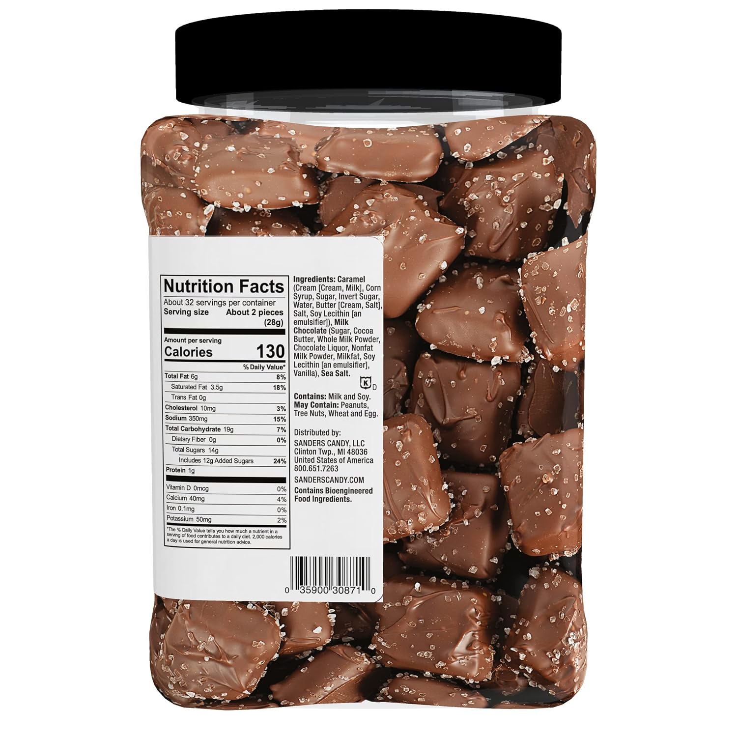 Sanders Milk Chocolate Sea Salt Caramels (32 oz Tub) – Handcrafted Small Batch Slow Cooked Caramel, Sea Salt Chocolate with Rich Indulgent Flavor, Sweet & Salty